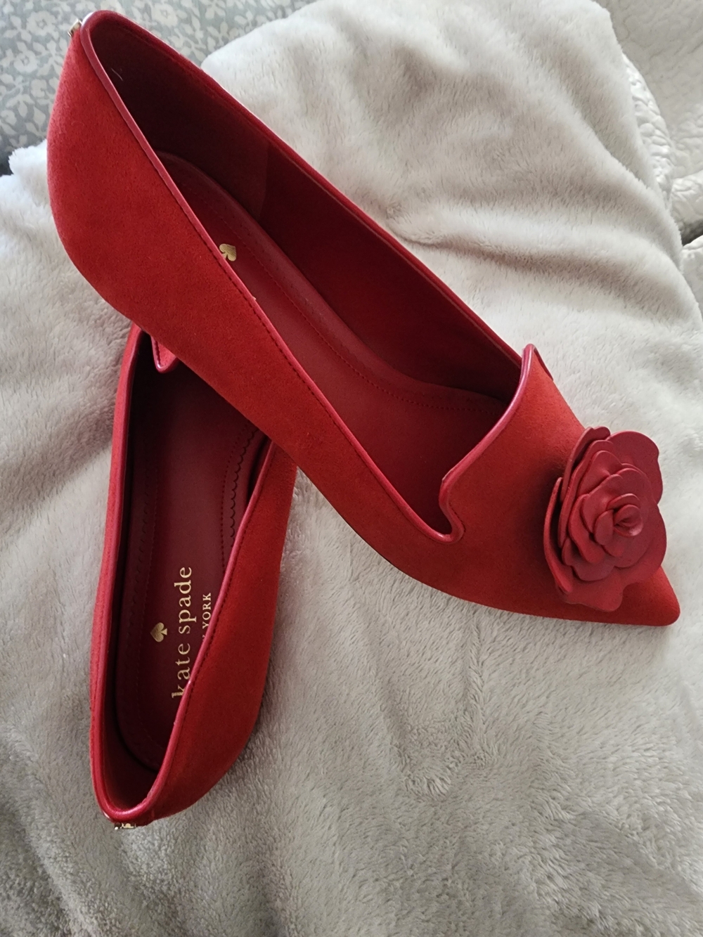 kate spade Red Suede Pointed Toe Flats with Floral Applique